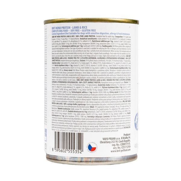 Brit Mono Protein Dog Lamb and Rice влажный корм с ягненком и рисом для собак, 400 гр