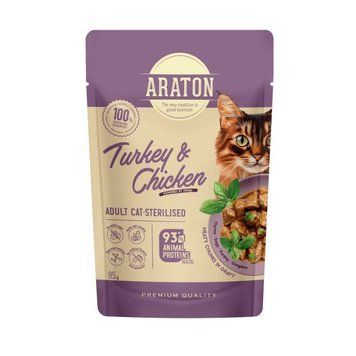 Araton Sterilised Adult Turkey Chicken влажный корм для стерилизованных котов с курицей и индейкой, 85 гр