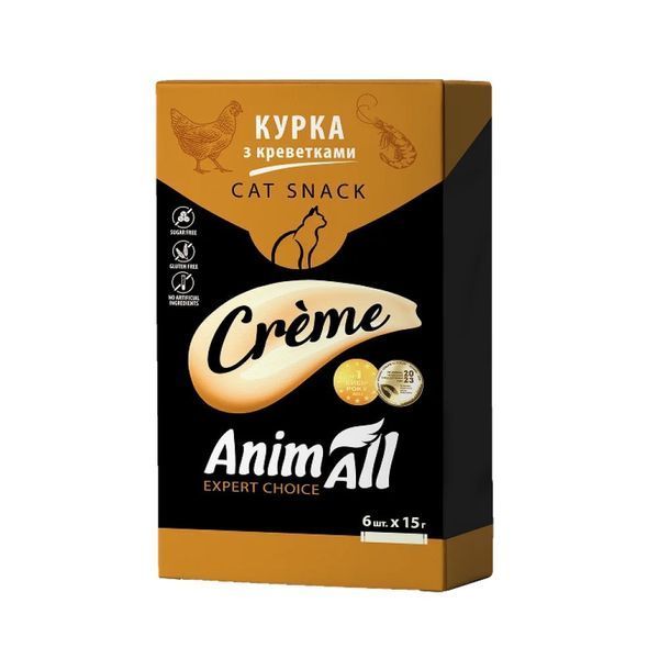 AnimAll Сreme Chicken Shrimps рідкі ласощі для котів з куркою та креветками, 6 шт х 15 гр