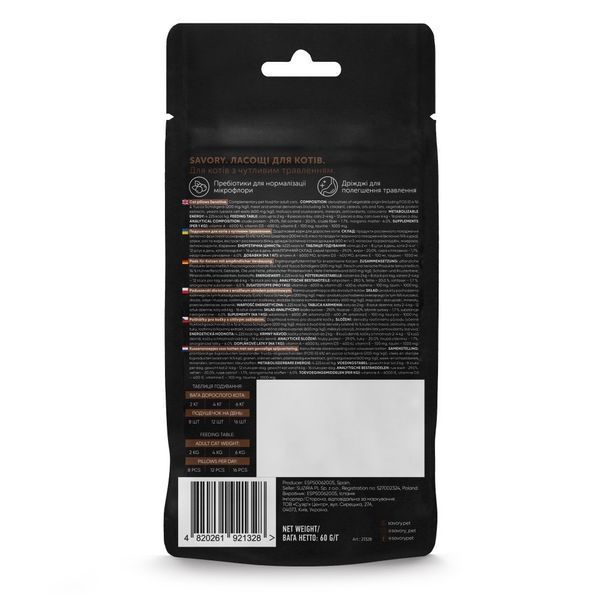 Savory Cats Snacks Pillows Sensitive ласощі для котів з чутливим травленням, 60 гр 90 грн фото
