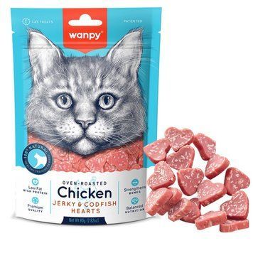 Wanpy Chicken Jerky & Codfish Hearts лакомство для котов с курицей и треской, 80 гр