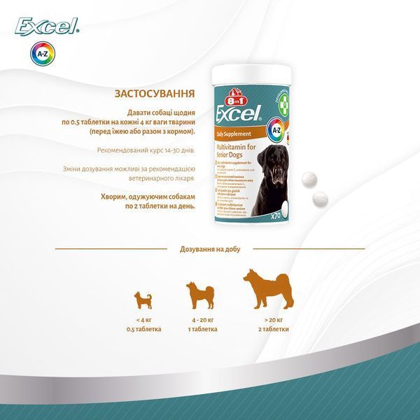 8in1 Excel Multi Vitamin Senior витамины для здоровья стареющих собак, 70 табл 618 грн фото