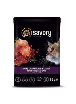 Savory Sterilised Cat Pouch with Lamb & Cranberry in Gravy вологий корм з ягнятком у соусі для стерилізованих котів 85 гр 57 грн фото