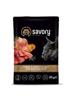 Savory Sterilised Cat Pouch with Turkey & Carrot in Jelly вологий корм з індичкою в соусі для стерилізованих котів 85 гр 57 грн фото
