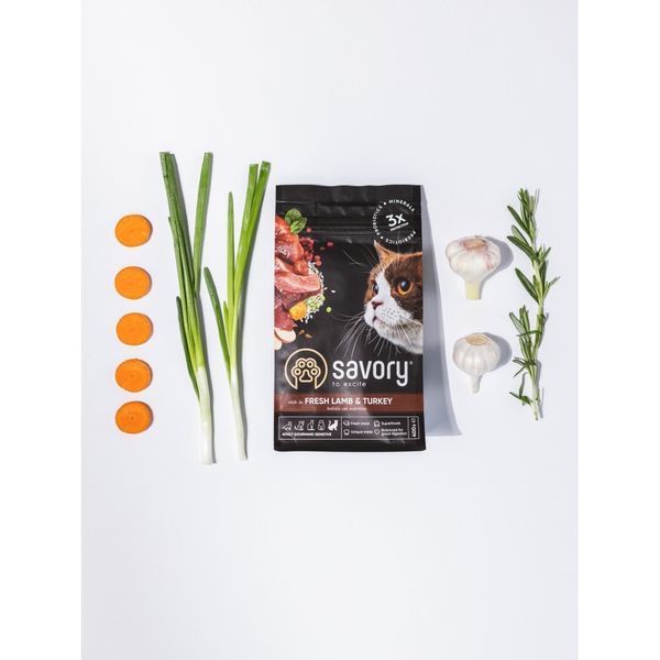 Savory Adult Cat Sensitive Digestion Fresh Lamb & Turkey сухий корм з ягнятиною та індичкою для котів з чутливим травленням, 2 кг 1 088 грн фото